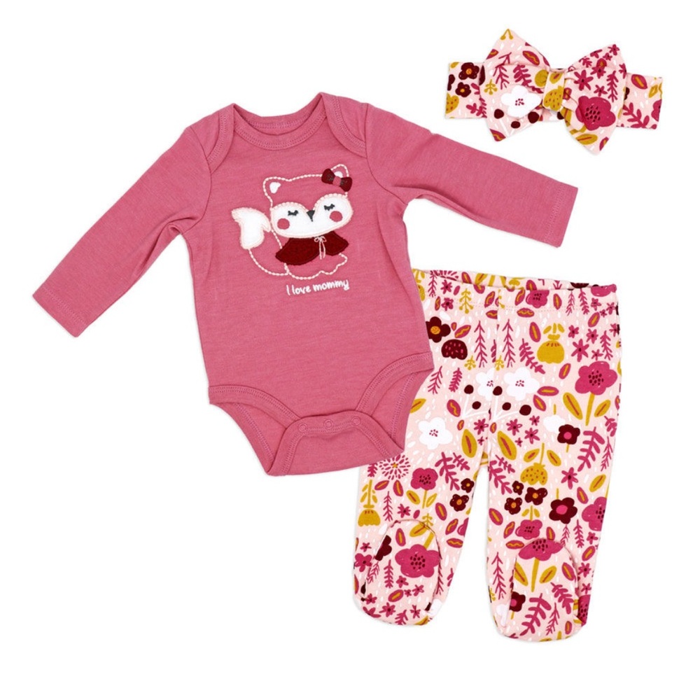 NWT Sterling Baby 3 Months-  3 Piece Footed Set: Pink Fox